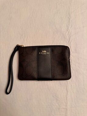 Coach Brown and Black Signature Leather Wristlet with Gold Logo